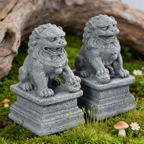 livelyfish Asian Fu Foo Dogs Statues A Pair of Two Guardian Lion Sandstone Figurine Pets Fish Tank Aquarium Landscape Ornaments Garden Feng Shui Decorations, M - size: Medium