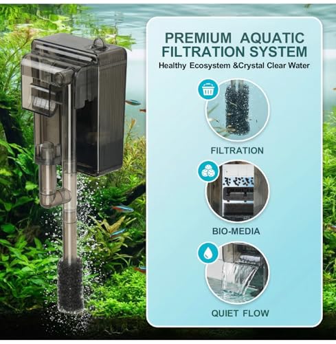 Slim Aquarium Filter 42 GPH Small Fish Tank Filter for 2.5 to 5 Gallon Tanks, Adjustable Flow Pre-Filter Sponge for Betta, Shrimp, Turtle Nano Reef Ideal Fish Tank Pump