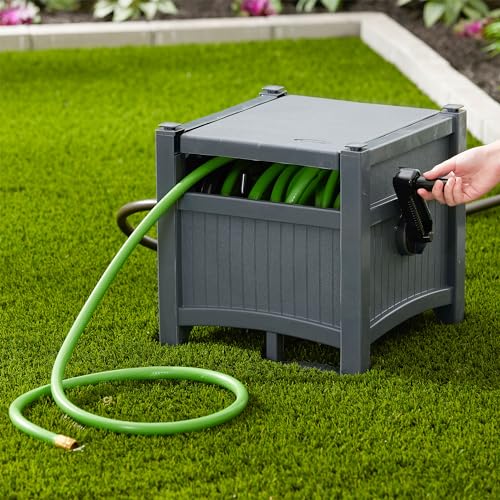 Suncast Garden Hose Hideaway Storage Reel Box, Cyberspace Grey – Resin Outdoor Container, Holds up to 100 Feet of 5/8 Inch Standard Vinyl Water Line – No Assembly Required - size: 100' (Cyberspace)