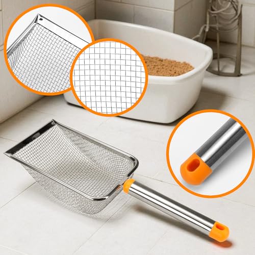 Cat Litter Scoop Stainless Steel Mesh Scooper with Long Handle, Deep Shovel Non-Stick Coated Metal for Box Kitten Pooper Lifter, Regular Scoop, Sifting Poop, Non-Slip Grip, Easy Clean, Hole: 2.8mm