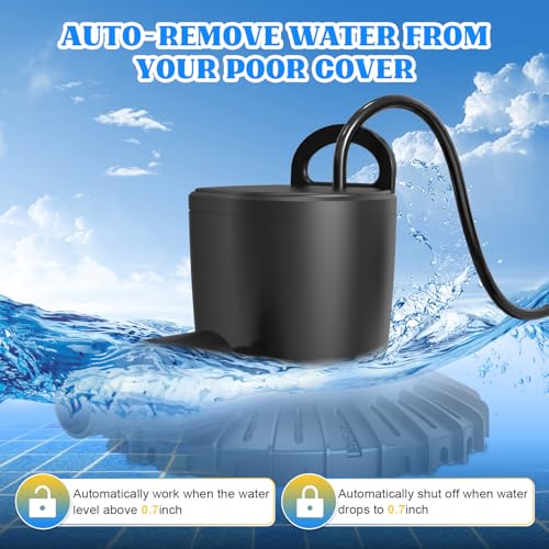 Pool Cover Pump, 3000L/H Automatic On Off Swimming Pool Cover Pump with 2 Garden Hose Adapters, 23ft Drainage Hose, and 49ft Power Cord, Submersible Water Pump for Pool, Tubs, and Water Beds