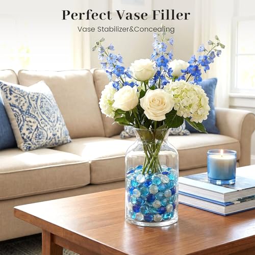 FUTUREPLUSX 1 pounds, Flat Glass Marbles, Blue Mixed Gemstone Vase Fillers Beads Decorative Glass Pebbles Floral Fish Tank Rocks for Vases Table Scatter Aquarium Decor - color: Mixed Blue