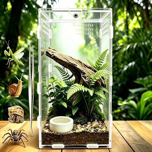 Jumping Spider Enclosure, Acrylic Terrarium with Magnetic Door & All-Side Ventilation, Easy-Clean Habitat for Spider, Tarantula, Mantis, Snail-5.9" x 5.9" x 9.8"(Tweezer and Bowl Included) - size: Basic Vertical-Kit