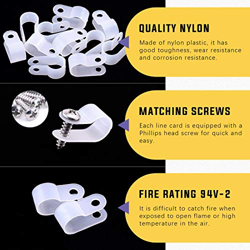 Swpeet 60 Pack White 3/8 Inch Nylon Plastic R-Type Cable Clips Clamp Kit, Nylon Screw Mounting Cord Fastener Clips with 60 Pack Screws for Wire Management (3/8 Inch, White) - color: White, size: 3/8 Inch