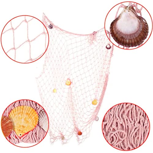 Nature Fish Net Wall Decoration with Shells, Ocean Themed Wall Hangings Fishing Net Party Decor for Pirate Party,Wedding,Photographing Decoration (Pink) - color: 1pack Pink