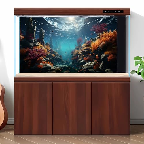 Under The Sea Fish Tank Background Underwater Coral Reef Aquarium Background Undersea Rock Cave Sunray Terrarium Backgrounds Tropical Fish Blue Ocean Aquarium Fish Tank Backgrounds 24x12in - color: Orange, size: 24(W)x12(H)inches/ 60(W)*30cm(H)
