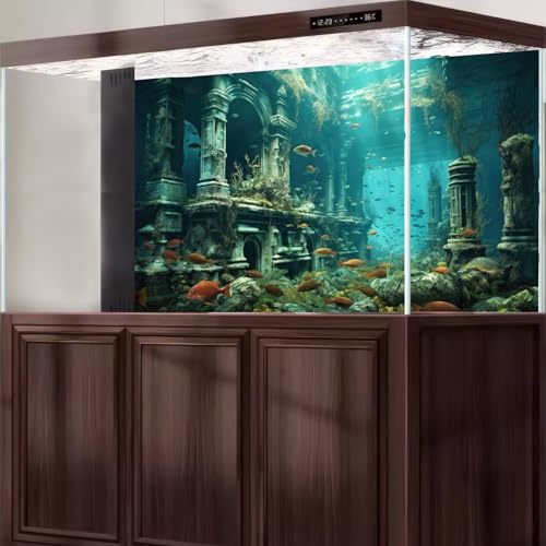 Under The Sea Aquarium Background Sunken Ancient City Ruins Fish Tank Background Forgotten Underwater City Fish Schools Swimming Terrarium Backgrounds Marine Ruins Reptile Tank Backgrounds 24x12in - color: Light Blue_Green, size: 24(W)x12(H)in