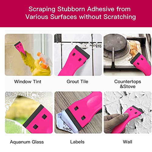 DEKEones Plastic Razor Blade Scraper, 2 Pack Razor Scraper with 100 Pcs Razor Blades for Removing Glue, Sticker, Decals, Tint from Car Window and Glass(Pink)