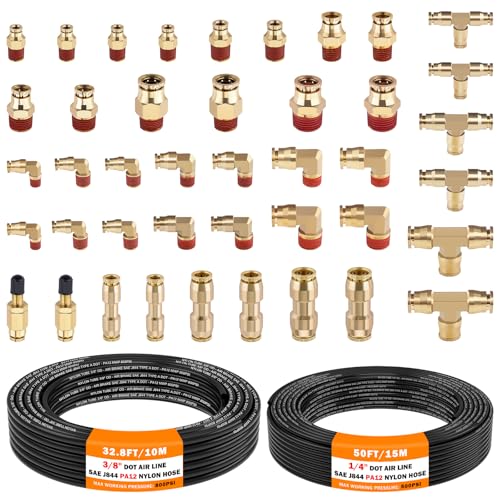 CheeMuii 43 Pcs Brass DOT Air Line Fittings with 50FT 1/4" & 32.8FT 3/8" DOT Air Hose Kit - 1/4, 3/8, 1/2 Push to Connect NPT Thread & Quick Connect Fittings - size: 45 PCS