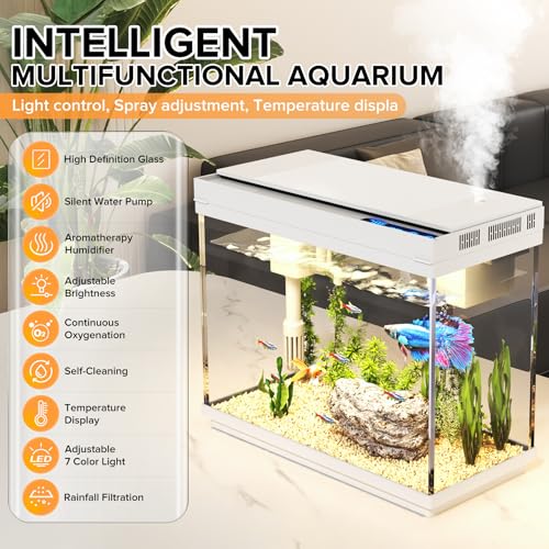 Fish Tank 2.4 Gallon Aquarium Kit with Humidifier 7-Color Auto-Looping 3 in 1 Quiet Pump with Filteration & Oxygenation & Circulation, Temperature Display, HD Glass - color: White