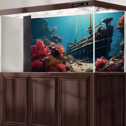 Sunken Pirate Ship Aquarium Background Vibrant Underwater Coral Reef Seascape Fish Tank Background Timeless Nostalgia Rusty Ship Debris Terrarium Backgrounds Undersea Reptile Tank Backgrounds 24x12in - color: Blue_Pink, size: 24(W)x12(H)in