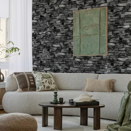 10 Pack 3D Wall Panels Peel and Stick, Waterproof Foam Stone 3D Wallpaper, Self Adhesive Foam Wallpaper for Bedroom Bathroom Kitchen (13.7 * 15.1in) - color: Black Rock, size: 10 Pack