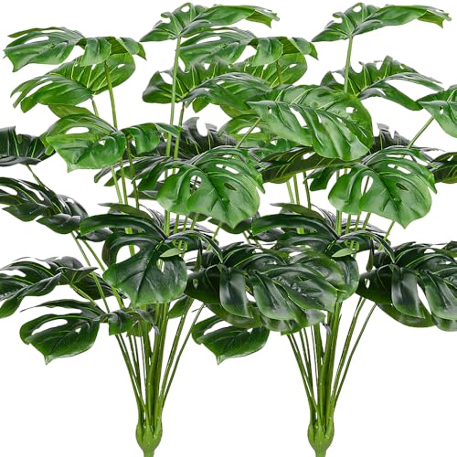 CLONG Artificial Palm Leaves Plants Faux Fake Monstera Turtle Leaf Tropical Large Palm Tree Leaves Plant Outdoor UV Resistant Plastic Plants (2 Pcs, Green)
