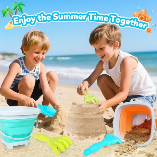 GKDOMS Kids Beach Toys Set with Collapsible Bucket, Sand Rake and Shovel, Turquoise and Orange, Ages 2-6, 2pack Travel Toys (Two Mix) - color: Two Mix