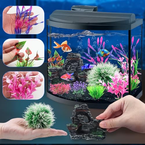 QUOZUO Fish Tank Accessories, Aquarium Fish Tank Plastic Plants and Cave Rock Decorations Set 10 Pieces, Small and Large Artificial Aquarium Plants with Cave Rock
