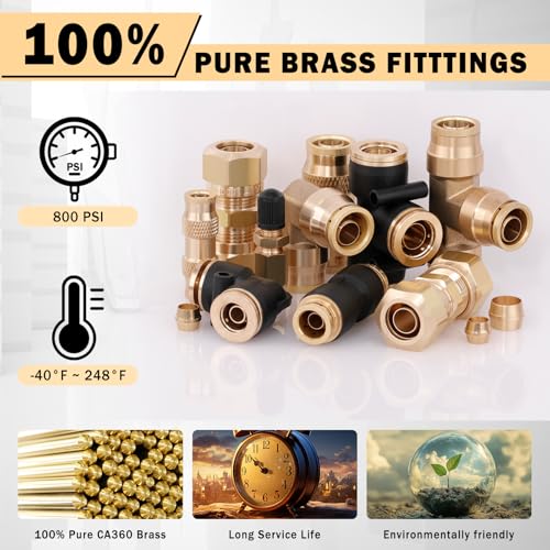 CheeMuii 80 PCS Brass DOT Air Line Fittings Kit DOT Push Lock and Compression Air Fitting Pure Brass Quick Connect Union 1/8" 1/4" 3/8" 1/2" Air Hose Fittings Assortment - color: Gold, size: 80 PCS