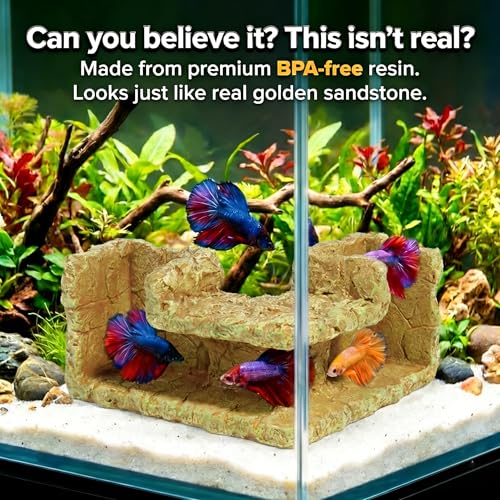 Aquarium Cave - Natural Resin Rock-Like Fish Tank Decorations & Accessories, 5.1” x 2” x 2.7” Safe Betta Hide & Tunnel for Guppy, Neon Tetra, Corydoras Catfish - Tank Decor - color: Rock Yellow