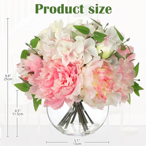 Artificial Flower in Vase, Faux Silk Flowers Arrangement Peony Hydrangea Poppy Eucalyptus Bouquet with Faux Water, Fake Floral Centerpiece for Dining Table Home Decor Wedding Office Shelf - Pink - color: Light Pink