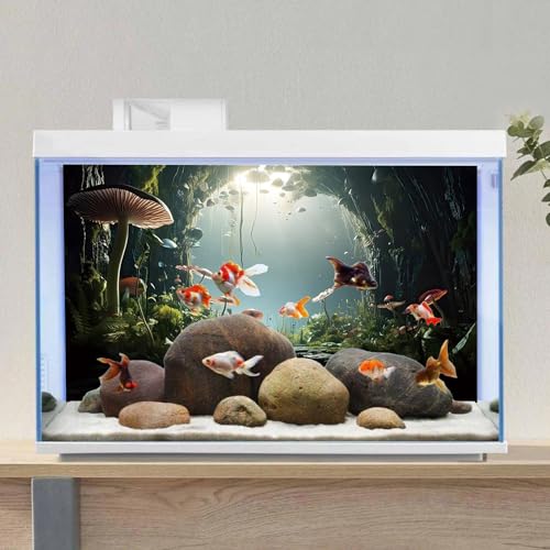 AWERT 36x18 inches Aquarium Background Foggy Stone Mushroom Moss Terrarium Background Polyester Green Plants Cave Fish Tank Background - size: 36x18in/90x45cm