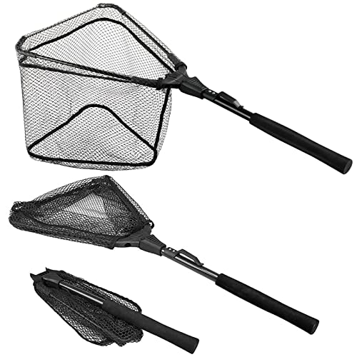 PLUSINNO Fishing Net Fish Floating Landing Net, Kayak Nets with Fixed Foldable Telescopic Pole Handle, Bass Trout Fishing Nets with Nylon Mesh for Pond Lake River, Fishing Gear Gifts for Men Anglers - color: 11.8"/30cm Hoop Size 0.8M Black(Not Extendable)