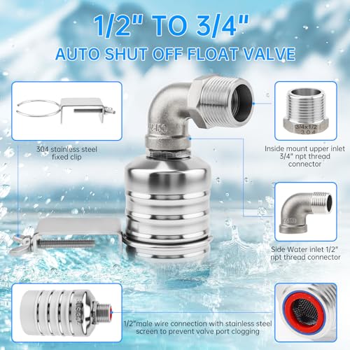 3 Pack Float Valve, 304 Stainless Steel Automatic Water Float Valve，1/2" and 3/4" Connection Auto Fill Shut Off Water Level Control Valve for Pool, Water Tank, Livestock Troughs