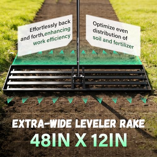 48X12 inch Lawn Leveling Rake,Leveling Rake 78" Long Handle, Yard Level Rake,Heavy Duty Leveling Rakes Suit for Garden,Golf Lawn and Farm,Effort Saving Tool for Soil Grass Golf Field - size: 48x12in