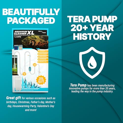 TERA PUMP Aquarium Gravel Cleaner for 20-50 Gallon Tanks - BPA-Free, Manual Squeeze Pump, Includes Two Nozzles, Easy One-Hand Operation, Safe for All Fish & Plant Life