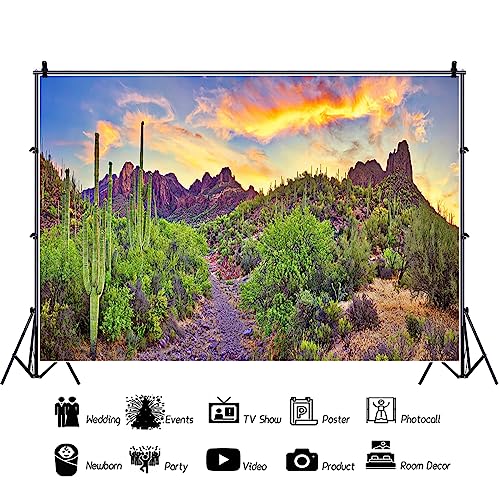 7x5ft Western Desert Backdrop Arizona National Park Rock Mountain Green Plants Saguaro Cactus Landscape Terrarium Background Reptile Habitat Tank Decor Cowboy Pet Portrait Photo Shoot Props - size: 7x5ft