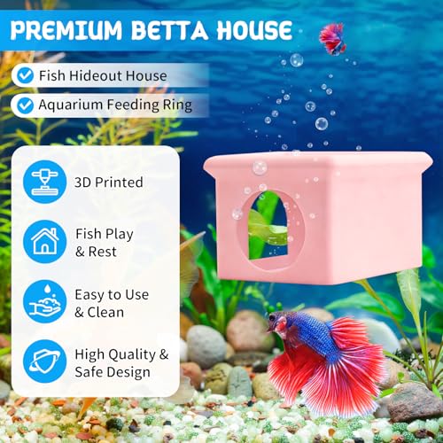 Floating Betta Fish Hammock Cave House for Aquarium, 3D Printed Betta Shrimp Feeder & Hideout Cave Toys, Small Aquarium Feeding Ring Decor, Turtle Fish Tank Decorations Accessories -Pink - color: Bright Pink