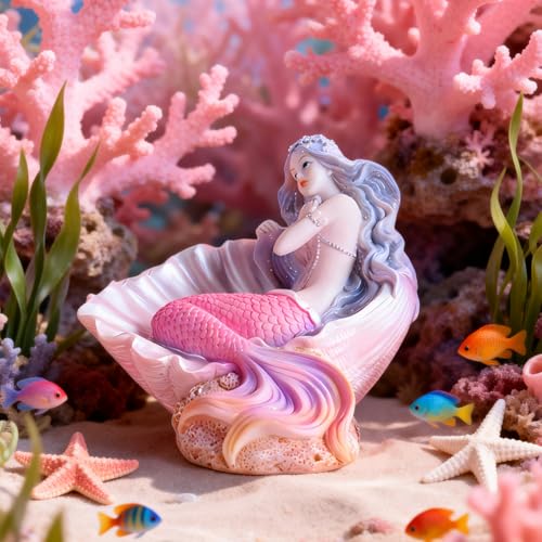 Rayberro 4.53" Mermaid Figurines Resin Pink Mermaid Sculpture Mediterranean Princess Statue Ornaments Home Office Desktop Bookshelf Decor Mermaid Collectible Crafts Fish Tank Aquarium Decoration - color: Pink Shell
