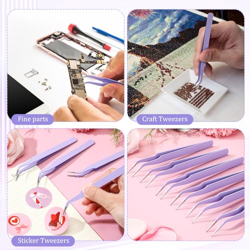 Honoson 9 Pieces Curved Pointed Craft Tweezers Stainless Steel Precision Tweezer with Protective Cover for Rhinestones Dried Flowers Craft Stickers Eyelash Extension Jewelry Making(Purple) - color: Purple