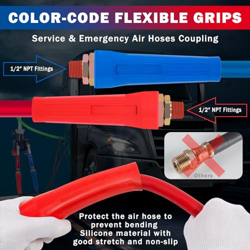 CheeMuii 12 FT Semi Truck Air Line Hose Assembly Rubber Air Brake Hoses With Flexible Grips & DOT Fittings for Truck Trailer Tractor - (Red & Blue Color-Coded) - size: 12 FT Assembly