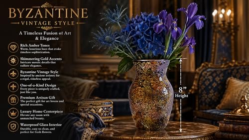 8" Amber Mosaic Vase with Gold Accents, Hand-Pasted Byzantine Glass Flower Vase, Vintage Decorative Centerpiece for Living Room, Foyer & Office - color: Amber Gold