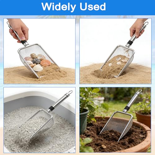 Beach Mesh Shovel & Sifter with Bag - Stainless Steel Sand Filter Scooper for Shark Tooth, Shell & Fossil Hunting, Beachcombing Tool with Mesh Collection Bag