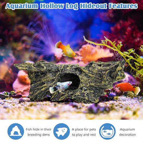 kathson Resin Hollow Tree Trunk Fish Tank Decoration Aquarium Ornament Betta Hideout House Cave for Small Fish Sleep Rest Hide Play Breed 2PCS