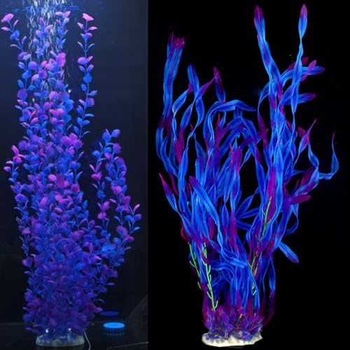 Aquarium Decor Artificial Seaweed Water Plants, Extra Large 23.6 Inches Fish Tank Plastic Plants, Tall Fish Tank Decorations with a Aquarium Diver Ornament (Purple) - color: Purple