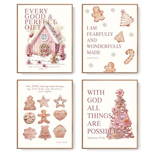 LARTSFRO Coquette Pink Christmas Gingerbread House Gifts Wall Art Decor Posters, Cute Christmas Gingerbread Man Christian Room Bathroom Bedroom Dorm Wall Art Decor Aesthetic for College Teen Girls Gifts, Inspirational Bible Verses Gingerbread Wall Decor,