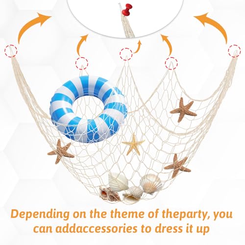 12 Pcs Natural Fish Net Decorations, 80 x 40 Inch Ocean Themed Fishing Net Natural Cotton Decorative Wall Hanging Fishing Nets for Sea Party, Beach Party, Hawaiian, Nautical, Picture (Beige) - size: 12 Pcs