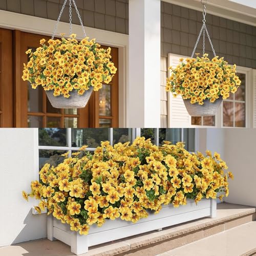 VIERENA 12 Bundles Artificial Flowers and Eucalyptus for Outside, Sun Resistant Silk Fake Morning Glory with Faux Eucalyptus Plants for Garden Porch Farmhouse Home Spring Summer Decor (Yellow) - color: Yellow