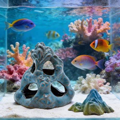 M2cbridge Aquarium Ceramic Cave Rock for Betta Shrimp Cichlid Fish Hideout Decor (Coral Cave + Mountain) - color: Coral Cave + Mountain