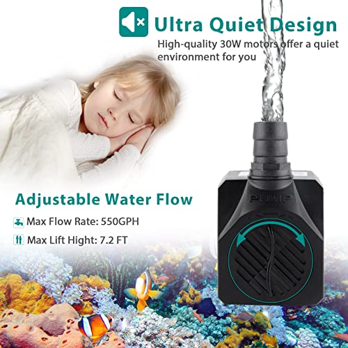 Aquarium Submersible Fountain Pump: 30W 550GPH Adjustable Quiet Water Pumps with 7.2ft High Lift for Small Pond | Waterfall | Outdoor | Statuary | Hydroponic (550GPH) - size: 550GPH 30Watt