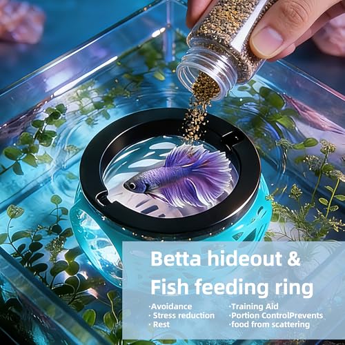 Floating Betta Hideout Cave for Aquarium, Multi-Function Resting Hammock & Shrimp Feeder with Fish Feeding Ring, Betta Fish Tank Accessories, Aquarium Decor & Fish Tank Decor（Ice Blue）