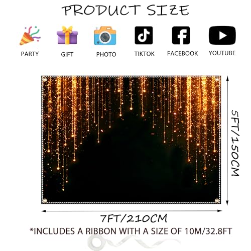 Black and Golden Backdrop 7x5ft Polyester Glitter Backdrop Masquerade Decorations Vintage Photo Booth for Family Birthday Party Photo Studio with Ribbon - color: Black and Golden Backdrop, size: 7×5 ft