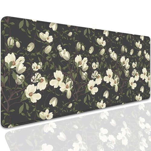 Magnolia Flowers Desk Pad Mouse Pad,Large Floral Mouse Mat with Stitched Edges,Non-Slip Rubber Base Black Mousepad for Office PC Keyboard Laptop and Home Work Desk Mat(27.5X11.8 in) - color: White flowers