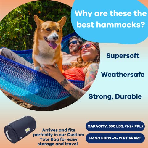 Handwoven Hammock by Yellow Leaf Hammocks - Family Size, Fits 2+ PPL, 550lb max - Weathersafe, Super Strong, Easy to Hang, Ultra Soft, Artisan Made - Color: Blue - Orange - color: Kilauea- Blue and Orange, size: Fits 1-2+ People (550 lb. Capacity)