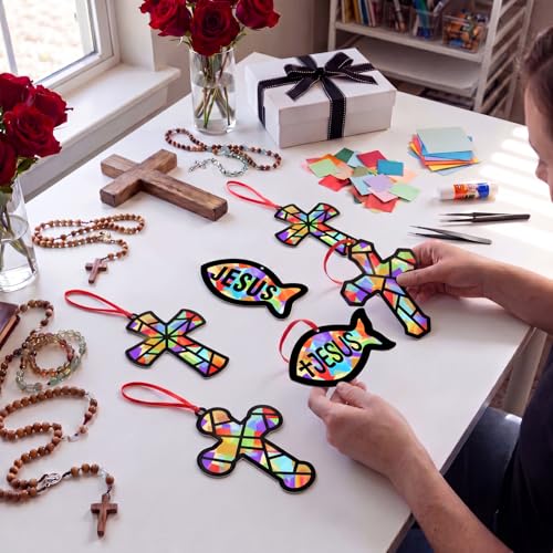 48PCS Sunday School VBS Crafts Bulk: Paper Cross Fish Nativity Suncatchers, Jesus Religious Christian Activity DIY Kits Church Decorations, Window Stained Glass Effect Art Supplies - style: jesus fish and cross