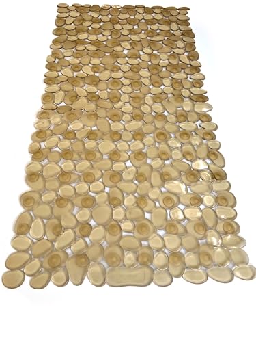 “Pebbles” Non-Slip Bathtub/Shower Mat 27.5”x14” Rectangular, Non-Toxic, Safe, Clean, Machine-Washable, Superior Grip & Drainage, Vinyl, for Smooth Floors ONLY, Transparent Light Brown - color: Transparent Light Brown, size: 27.5" x 14" (Rectangular)