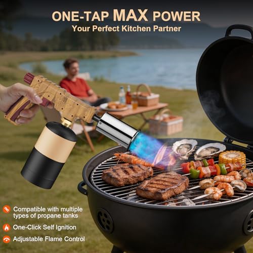 Semlos Propane Torch - Kitchen Torch - Powerful Grill Gun - Charcoal Lighter - Campfire Starter - Sous Vide - Chef Blow Torch for Searing Steak & Creme Brulee & BBQ(Propane Tank Not Included) - color: ‎brown and Red
