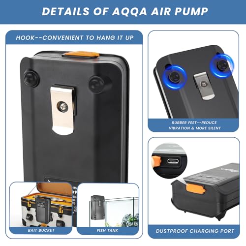 AQQA Aquarium Air Pump Fish Tank Aerator Pump Battery Backup Fish Oxygen Pump Rechargeable Portable Bubbler Pump with Air Stone, Air Tube & Check Valve (1.5W 80GPH) - size: 1.5W for up to 80 Gal