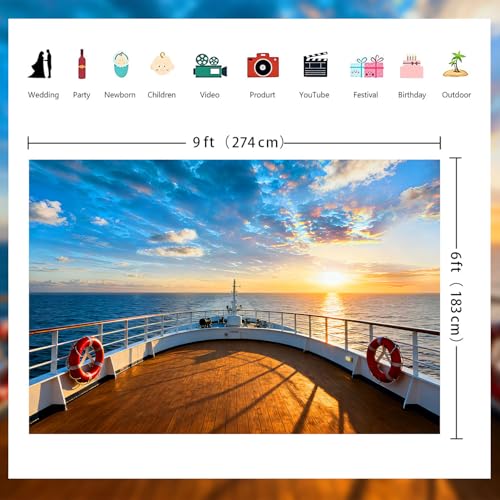 Cruise Ship Backdrop Cruise Deck Ocean Sunset Scenery Photography Background Nautical Theme Cruise Party Decorations Banner Portrait Photo Booth 9x6ft - size: 9x6ft